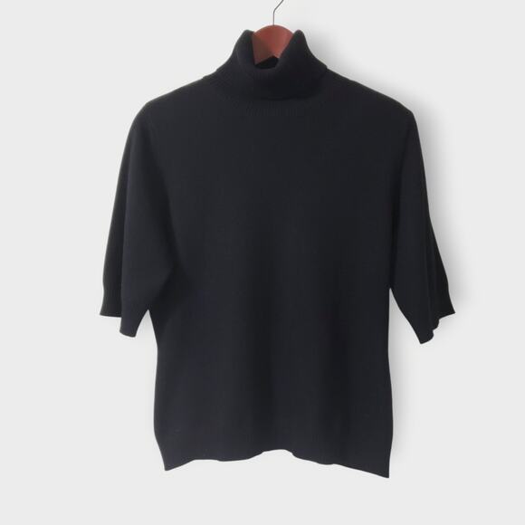 111 State Womens Short Sleeve Cashmere Turtleneck Sweater Black Sz Lg Minimalist - Picture 1 of 10